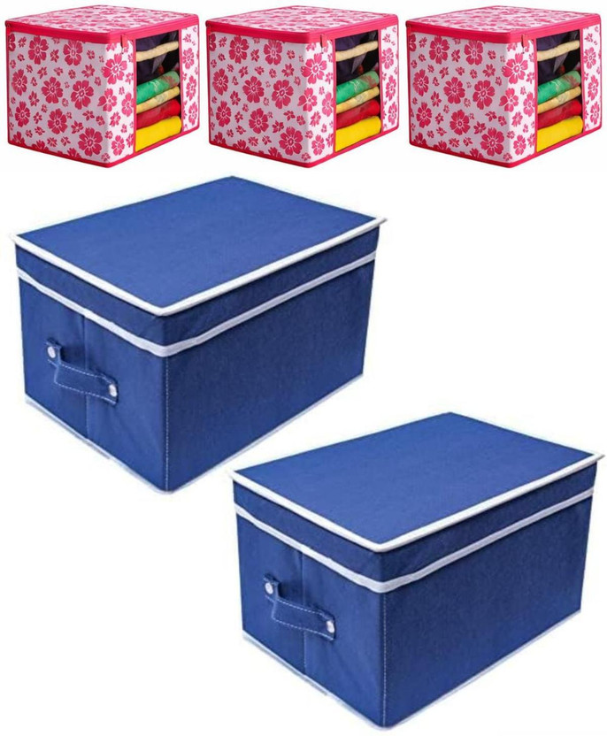 CARRY CLOUD Multipurpose Foldable Storage Box with Lid & Handle Multipurpose Organizer Bin for Clothes, Toys, Accessories, Books Pink Floral Saree Cover-Q3 & Storage Box with Lid Blue-P2(Pink, Blue)