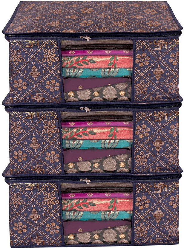Ankit International cloth storage box Non-Woven Fabric Saree Cover Clothes Organiser with Transparent Window storage box for clothes Pack - 3BG(Blue, Brown)