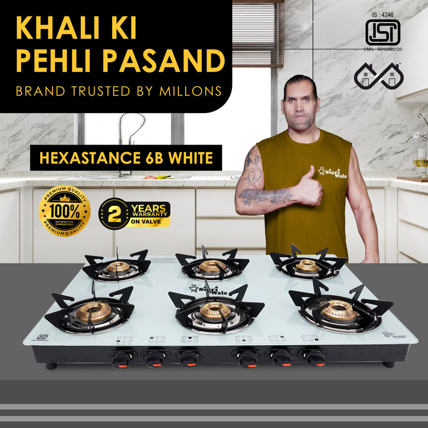Sigri-wala HexaStance 6B Toughened Glass Brass Burner(White) Glass Stove Glass Manual Gas Stove(6 Burners)