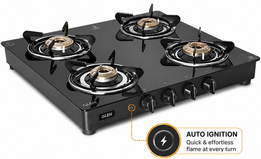 Glen Glen LPG Gas Stoves 4 Burner | Brass Burners ISI Certified | 2 Years Warranty Black Glass Automatic Gas Stove(4 Burners) - Flipkart Deal