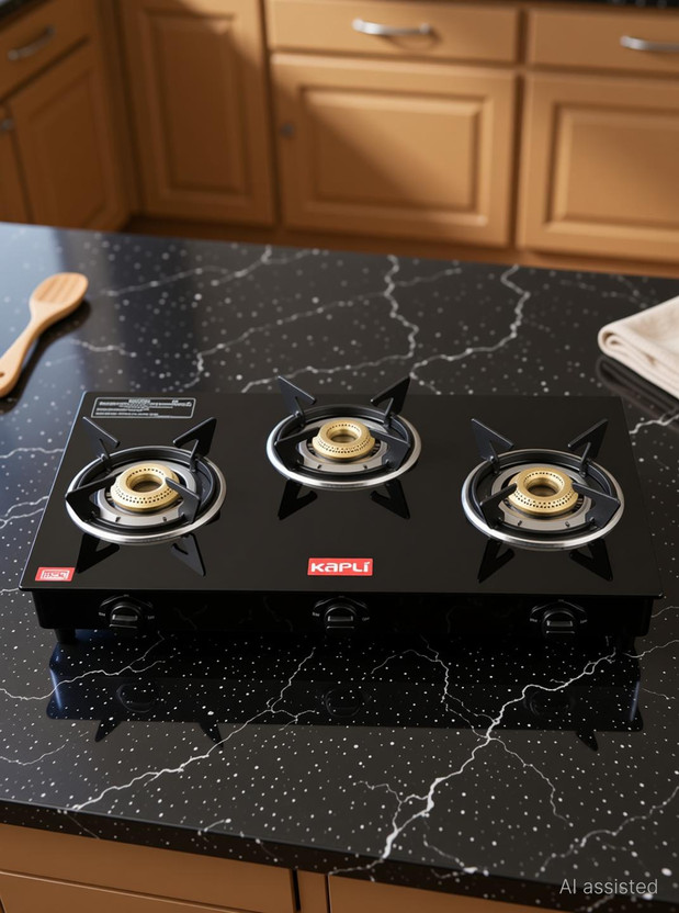 KAPLI Premium 3 Burner Manual with Toughened Glass Sleek & Compact Cooktop Color-Black Glass Manual Gas Stove(3 Burners)