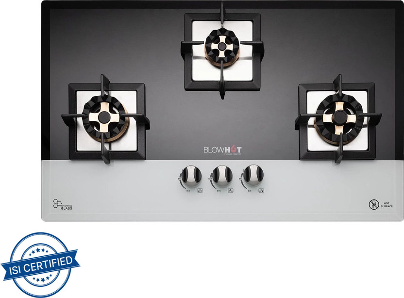 BLOWHOT Prism Auto Ignition 3 Burner, Battery Operated Built – In, Gas Hob Toughened Glass, Aluminium Automatic Hob(3 Burners)