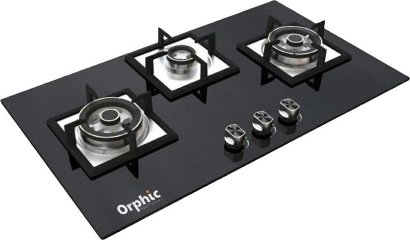 ORPHIC APPLIANCES Glass Top Gas Stove| Manual Ignition, High Efficiency Brass Burner, Black Finish Stainless Steel, Glass Manual Gas Stove(3 Burners)