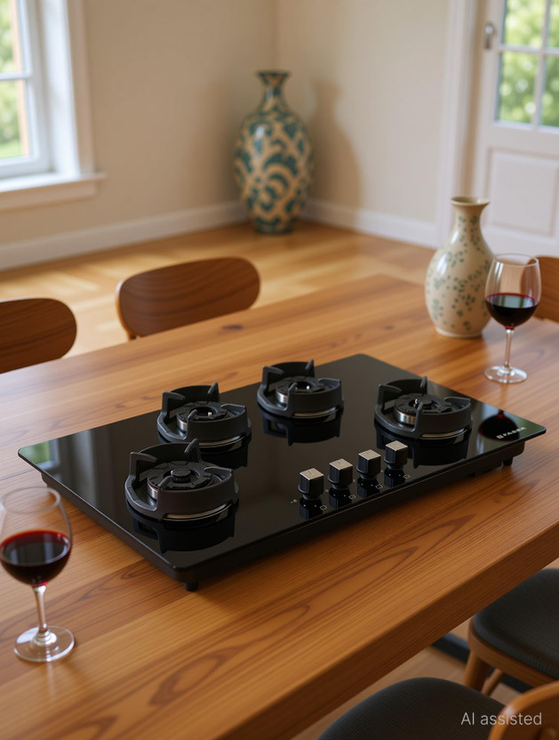 FABER Eros IND 904 CI AI|Heavy duty brass burner|Metal Knobs| Cast Iron Pan Support | Glass Automatic Hob(4 Burners)