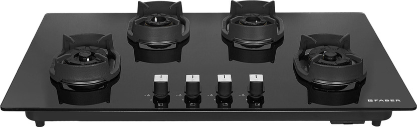 FABER Eros IND 904 CI AI|Heavy duty brass burner|Metal Knobs| Cast Iron Pan Support | Glass Automatic Hob(4 Burners)