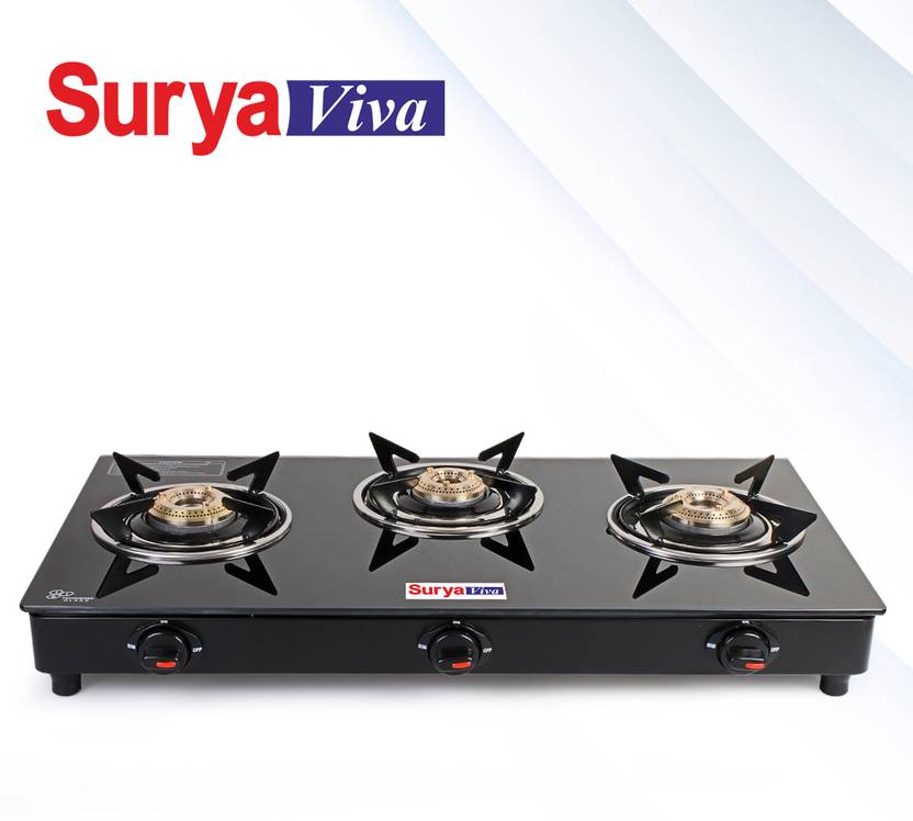 SURYAVIVA Nano Viva 3B BK Toughened Glass 3 Cast Iron Burner Gas Stove(Manual,Black) Glass