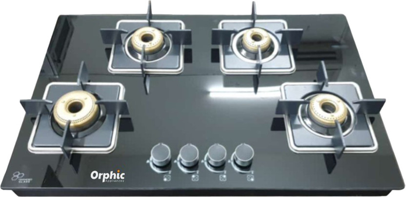 ORPHIC APPLIANCES Glass Top Gas Stove| Manual Ignition, High Efficiency Brass Burner, Black Finish Stainless Steel, Glass Manual Gas Stove(4 Burners)