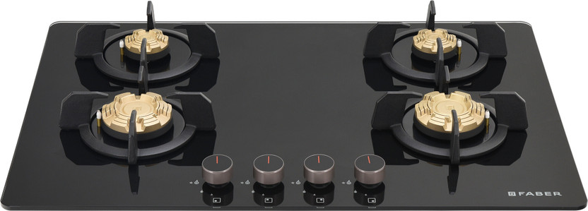 FABER PRIME HT784 CRS BR CI AI |Metal Knobs| Cast Iron Pan Support | brass burner | Glass Automatic Hob(4 Burners)