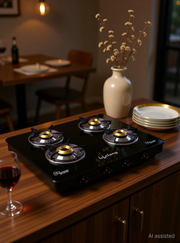 Lifelong Gas Stove with Toughened Glass Top | High-Efficiency Burners & Anti-Skid Legs Glass Manual Gas Stove(4 Burners)