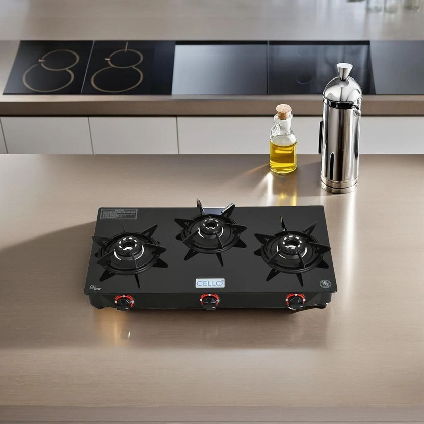 CELLO Hexa Manual Ignition Black Aluminium Alloy Burner Toughened Glass Glass Manual Gas Stove(3 Burners)