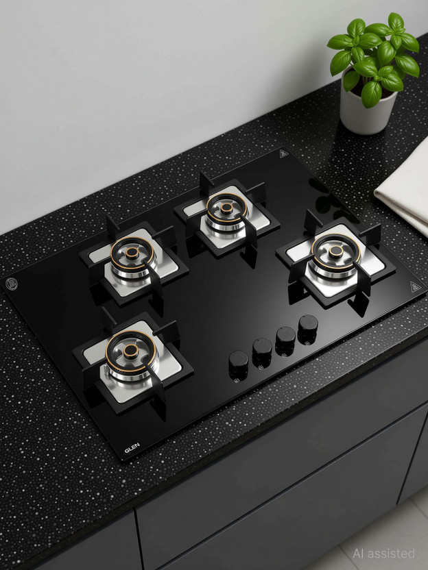 Glen Built in Hob Gas Stove 70 cm | 8 MM Toughened Glass Top | Forged Brass Burners Glass Automatic Hob(4 Burners)