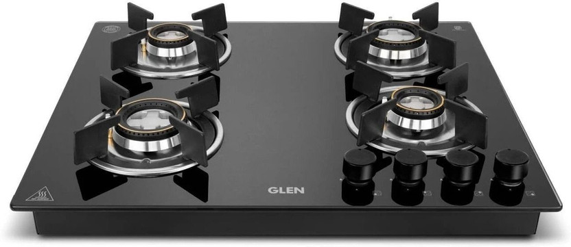 Glen Meta Built-in Hob 60 cm | Auto Ignition | Double Ring Forged Brass Burners | Glass Automatic Hob(4 Burners)