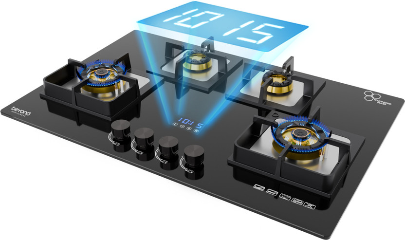 Beyond Appliances Dorado 4 Brass Smart Hobtop, Digital Timer, FFD & Auto Ignition Burners Glass Automatic Hob(4 Burners)