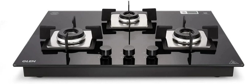 Glen Hob Gas Stove 3 Burner 70 cm Built in Hob with Double Ring Burners Glass Automatic Hob(3 Burners)