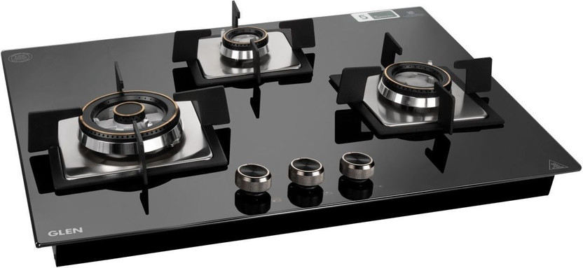 Glen Glass Built in Hob 77 cm | 1 Triple Ring | Double Ring Forged Brass Burner | Glass Automatic Hob(3 Burners)