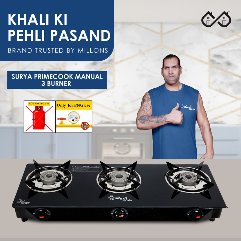 Sigri-wala Cute 3B Blk PNG Toughened Glass Tornado Burner(Bk) Glass Manual Gas Stove Glass Manual Gas Stove(3 Burners)
