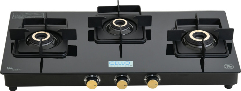 CELLO Black Pearl 3 Burner Toughened Glass Top Gas Stove, Brass Burners, Black Finish Glass Manual Gas Stove(3 Burners)