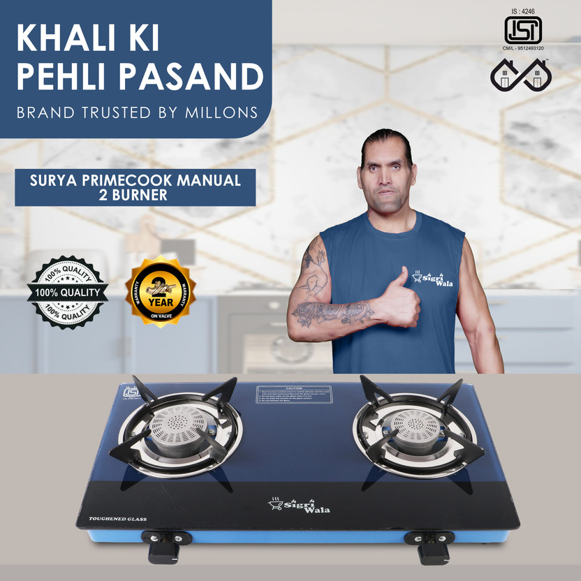 Sigri-wala Sleek Blue 2B Toughened Glass Tornado Burner Glass stove Glass Manual Gas Stove(2 Burners)