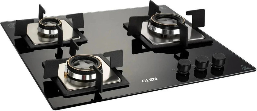 Glen 3 Burner Built in Glass Hob 60 cm With Double Ring Forged Brass Burner Glass Automatic Hob(3 Burners)
