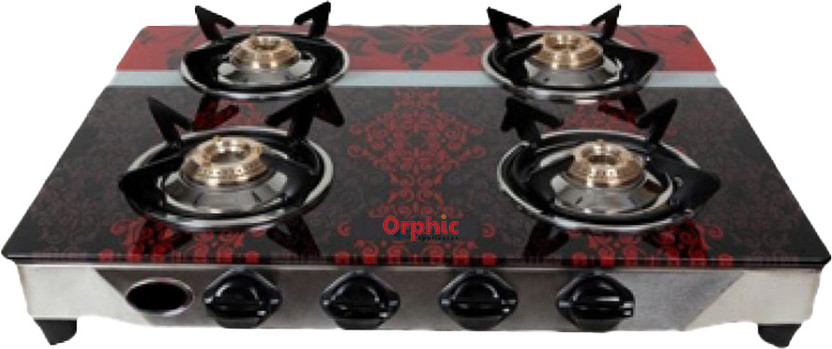 ORPHIC APPLIANCES Glass Top Gas Stove| Manual Ignition, High Efficiency Brass Burner, Black Finish Stainless Steel, Glass Manual Gas Stove(4 Burners)
