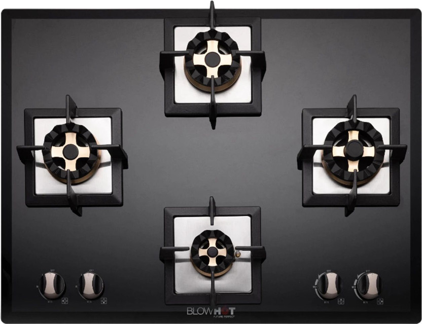 BLOWHOT Prism Auto Ignition Brass Burner, Battery Operated Built – In, Gas Hob Toughened Glass, Aluminium Automatic Hob(4 Burners)