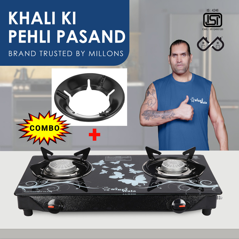 Sigri-wala Cute Blkd 2B Combo with Jali Toughened Glass Tornado Burner Glass Gas Stove Glass Manual Gas Stove(2 Burners)