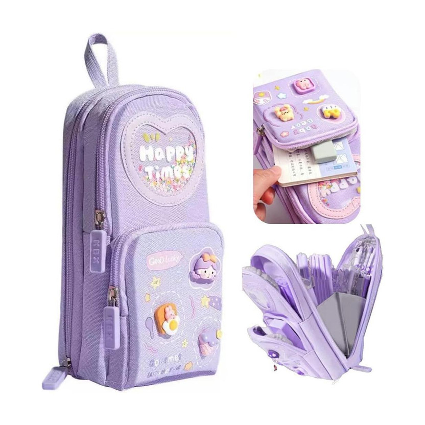 HR INTERNATIONAL HR INTERNATIONAL Canvas Large Pencil Pouch for Girls & Boys, 3 Compartments Pen & Pencil box Art Canvas Pencil Box(Set of 1, Purple)