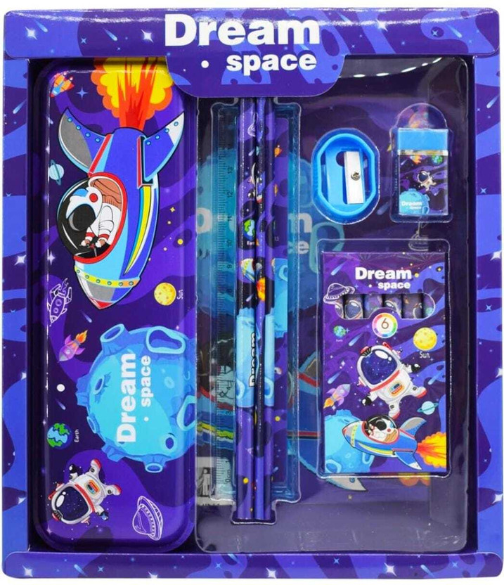 Poohan ASTRONAUT SPACE Stationery Kit Pencil(Set of 1, BLUE Kit 1 METAL Pencil Box 2 Pencils 6 Crayon Colors 1 Scale Eraser Sharpner)