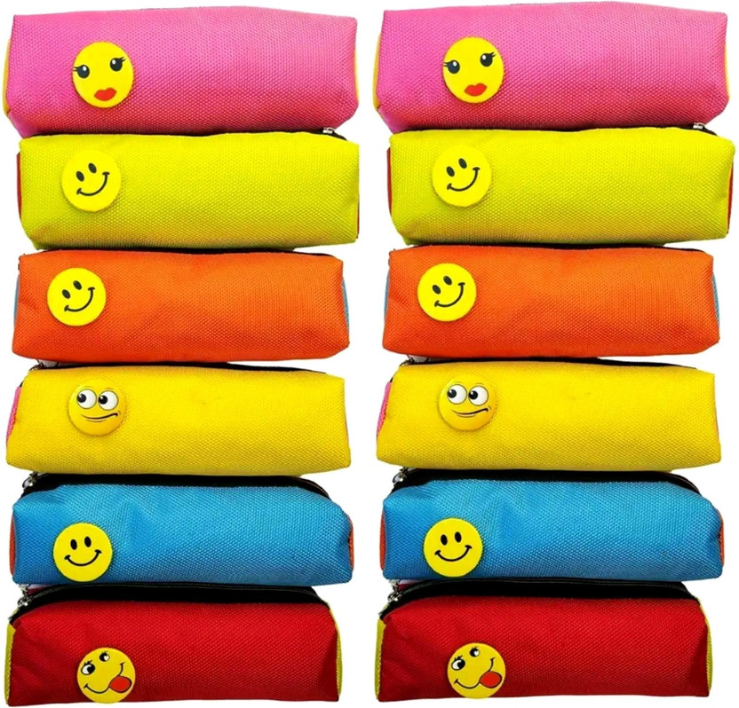 Pvention Smiley Stationery Pouch For Kids Birthday Return Gift Smiley Art Polyester Pencil Boxes(Set of 12, Multicolor)