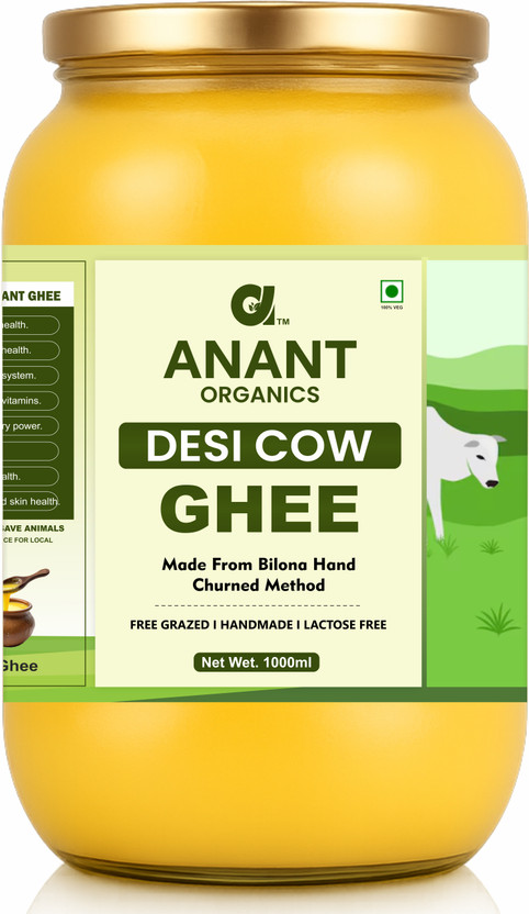 Anant Organics Desi Cow Ghee Made from Bilona Hand Churned Method | Traditional Desi Cow Ghee Glass Bottle(1000 ml)