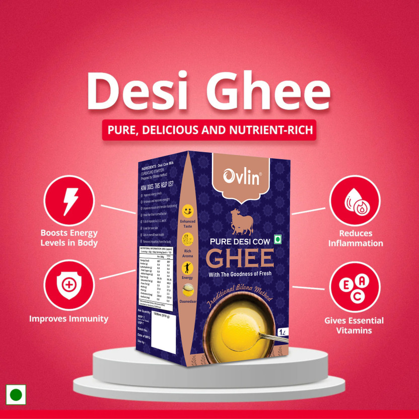 Ovlin Pure Cow Desi Ghee| Made Traditionally From Curd| Pure Cow Ghee| Natural Ghee Ghee Tetrapack(1 L)