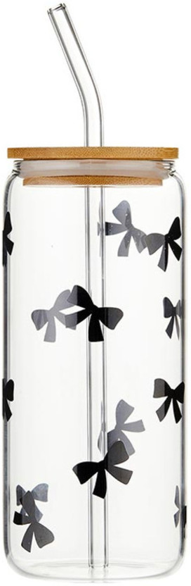 Tiny Treasure Bow Print Glass Tumbler With Lid and Straw Glass Cup With Bamboo Lid Glass Water/Juice Glass(550 ml, Glass, White)