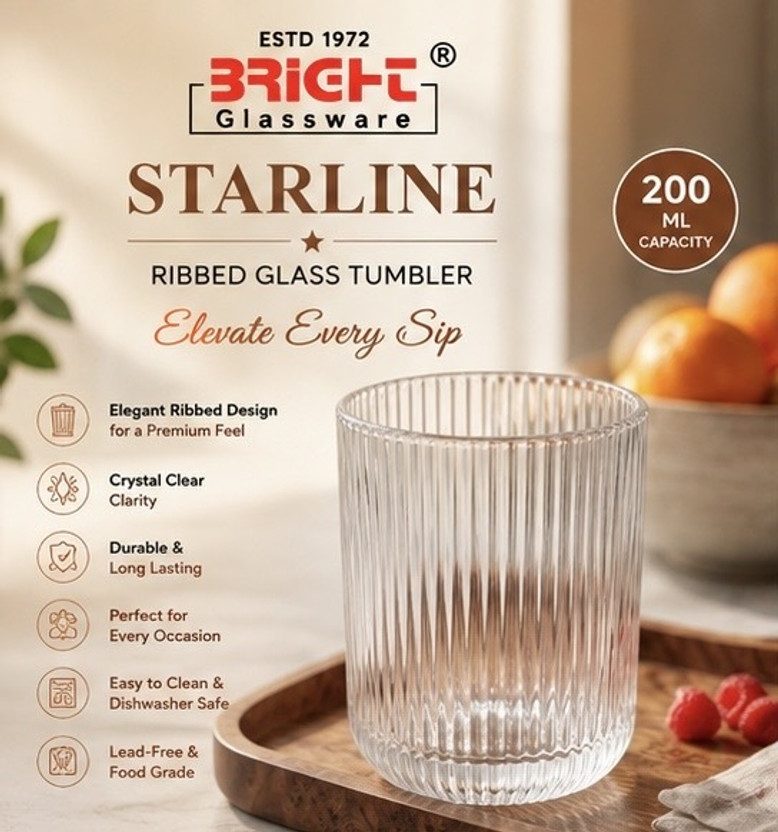 BRIGHT GLASSWARE (Pack of 6) STARLINE GLASS Glass Set Water/Juice Glass(200 ml, Glass, Clear)