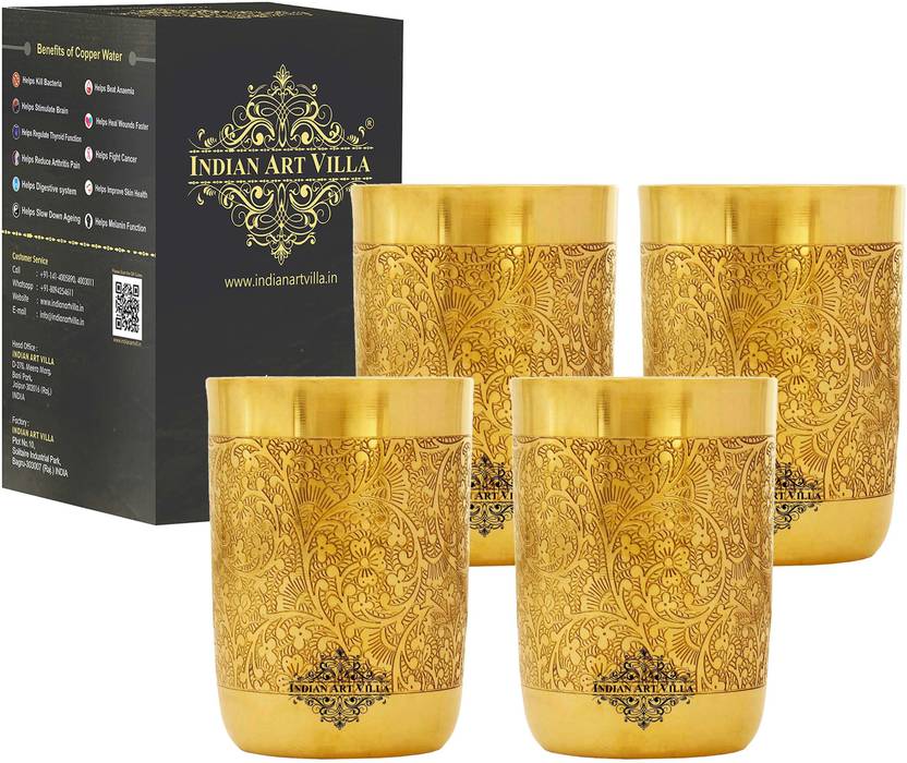 IndianArtVilla (Pack of 4) Pure Brass 300ML Glass in Embossed Design For Home & Kitchen