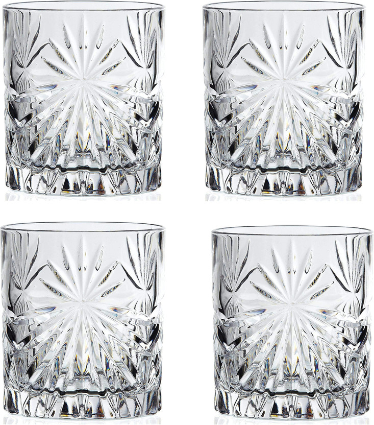 jay gatrad seller (Pack of 4) Vodka Glass Tableware Old Fashion Carved Diamond Crystal Whiskey Glass Glass Set Whisky Glass(300 ml, Glass, Clear)