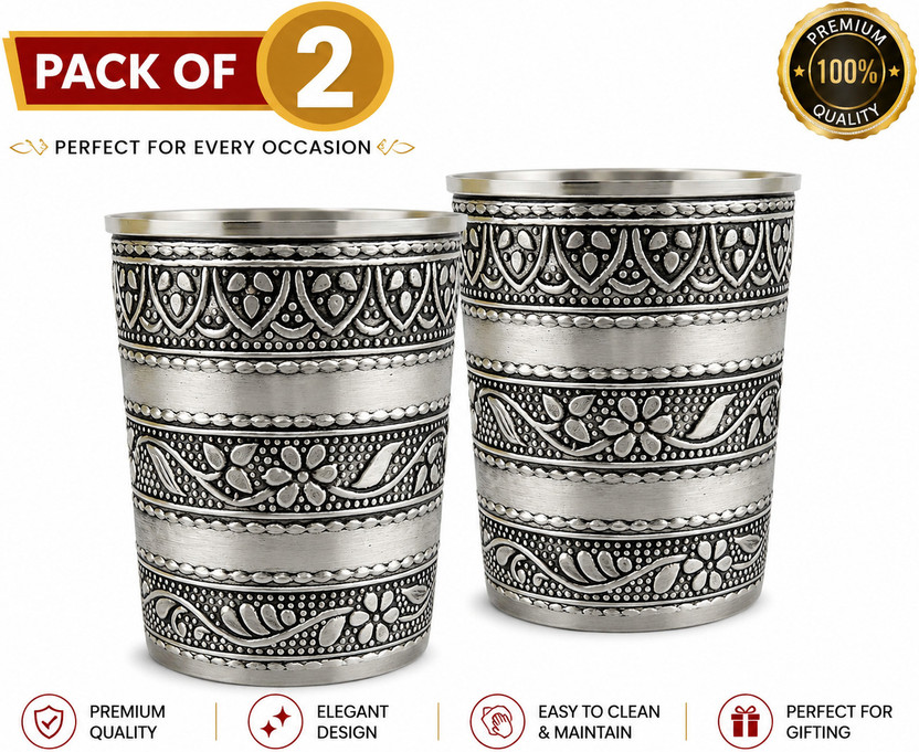 Daily Daily Bhagavatam (Pack of 2) Traditional Floral Design Stainless Steel Water Glass | Pack of 2 | Glass Water/Juice Glass(200 ml, Aluminium, Silver) - Flipkart Deal
