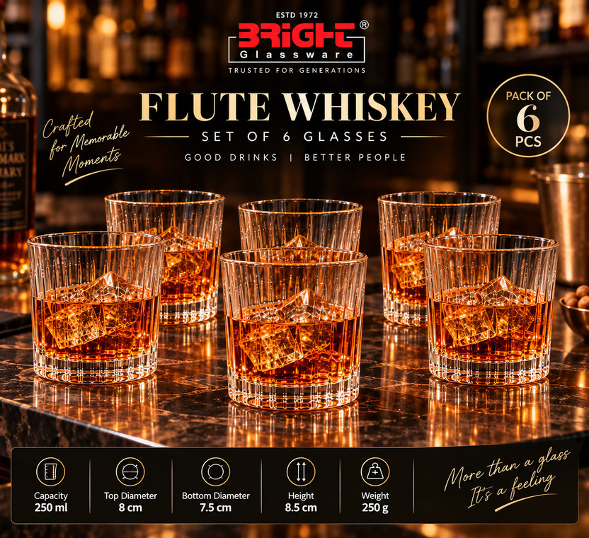 BRIGHT GLASSWARE (Pack of 6) FLUTE WHISKEY Glass Set Whisky Glass(250 ml, Glass, Clear)