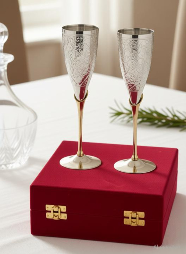 INTERNATIONAL GIFT German Silver Wine Glass/Wine Goblet with Beautiful Velvet Box Packing Glass Set Wine Glass(300 ml, Brass, Silver)