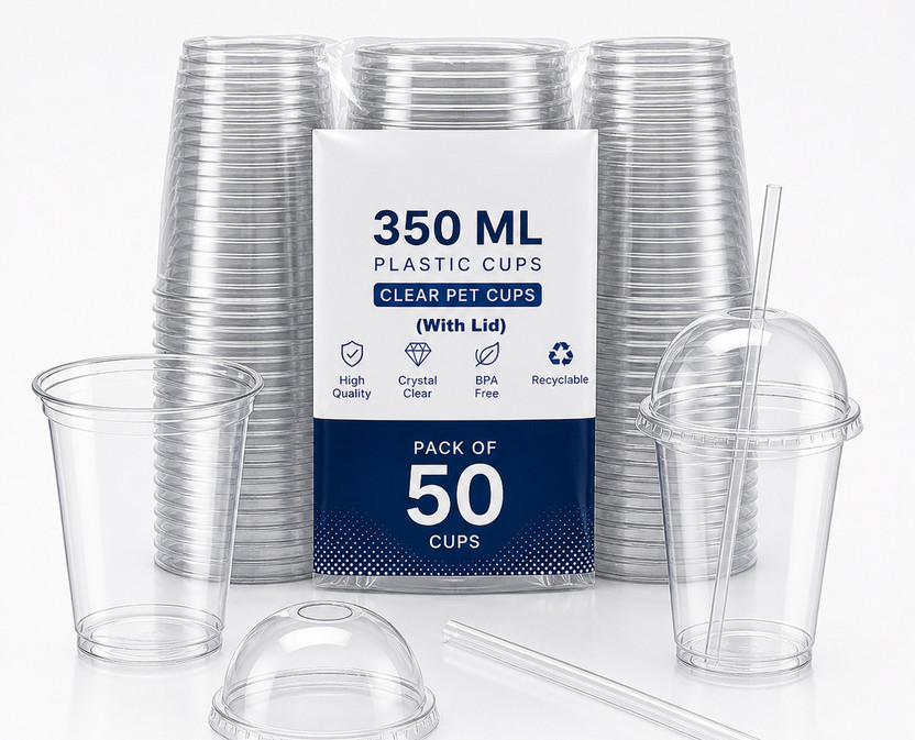 LDD LDD (Pack of 50) PET Glasses 350ML with Dom Lid for Parties / Function Glass Water/Juice Glass Glass Water/Juice Glass(350 ml, Plastic, White) - Flipkart Deal