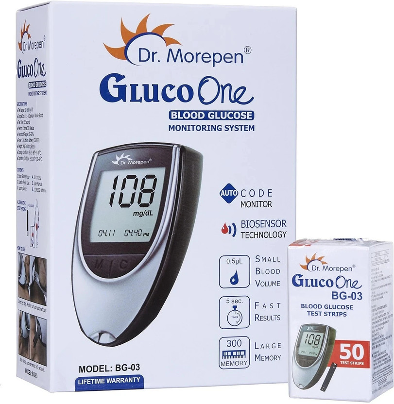 Dr. Morepen BG03 with 50 Strips (Combo Kit) Glucometer(Black & Grey)
