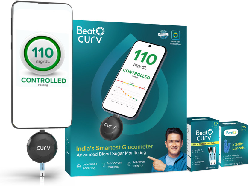 BeatO CURV Smartphone | Sugar Test Machine with 25 Foil Strips & 25 Lancets Glucometer(Black)