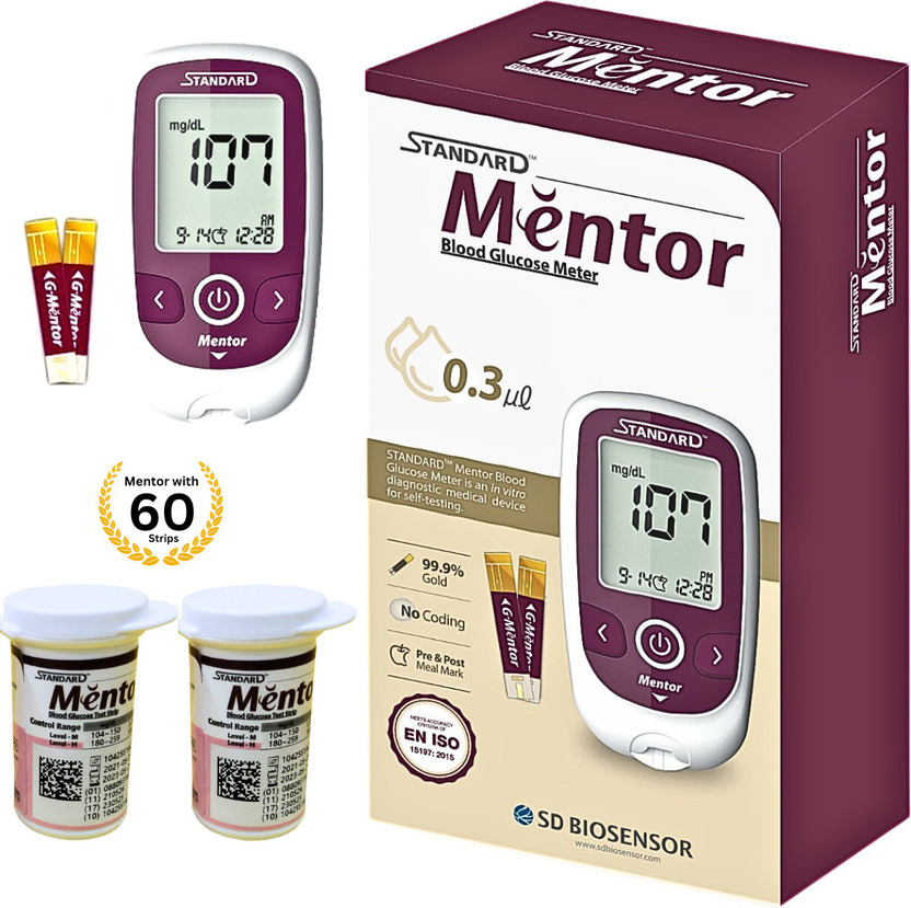 STANDARD STANDARD Mentor Digital Blood Glucose Meter for self Diabetes testing monitor machine with 60 strips & complete medical device Kit - Glucometer(Magenta) - Flipkart Deal