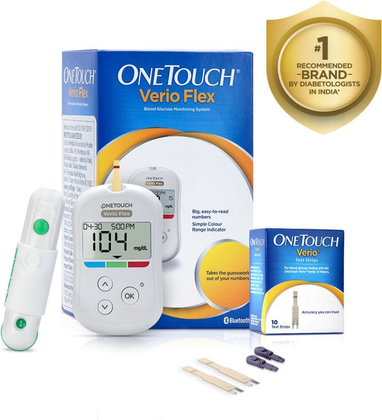 OneTouch Verio Flex Blood Glucose Monitor with Reveal mobile application(FREE 10 strips + lancing device + 10 lancets) Glucometer(White)