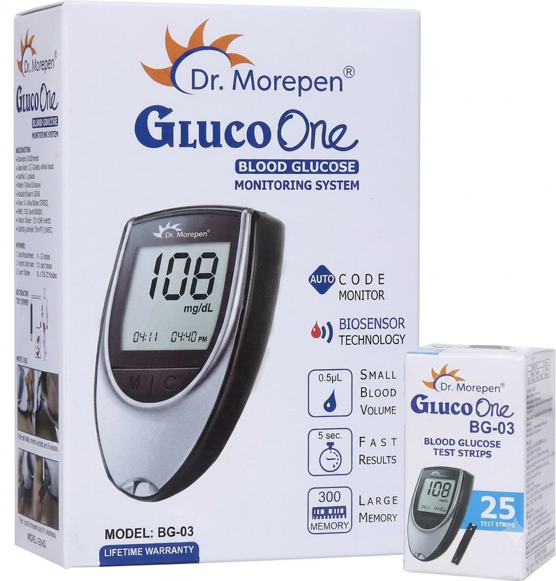 Dr. Dr. Morepen BG-03 GlucoOne Blood Glucose Monitor with 25 Test Strips | Digital Glucometer(Black, Grey) - Flipkart Deal