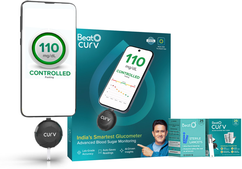 BeatO CURV Smartphone | Sugar Test Machine with 25 Strips & 25 Lancets Glucometer(Black)
