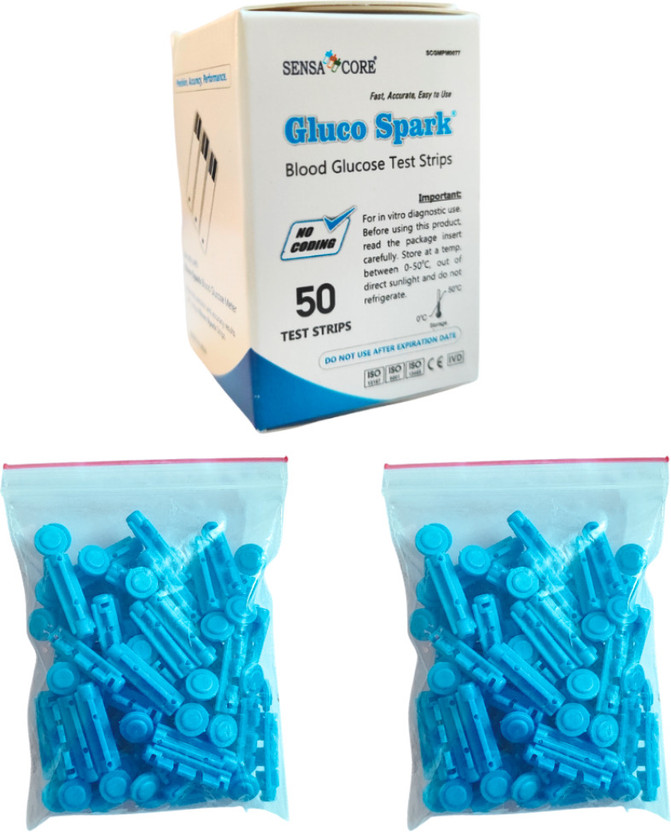 gluco spark 50 Strips & 100 sterile Lancets |Compatible only with Glucospark Sugar Machine Glucometer(White)