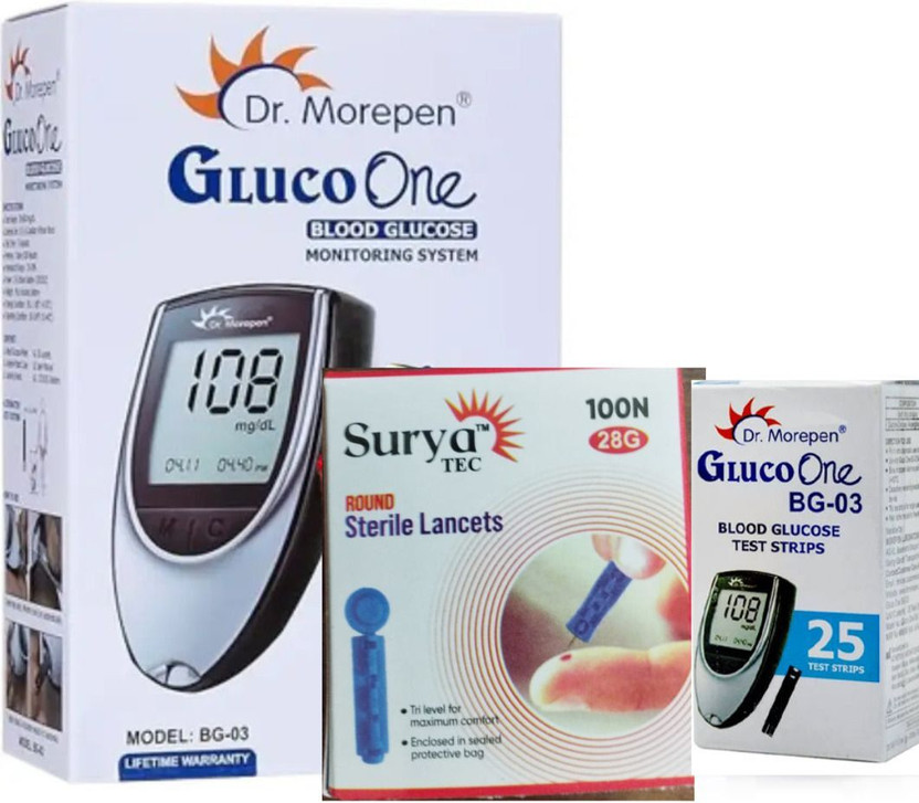 Dr. Morepen Glucometer and 25 Strips , Dr Seibert Sterile 100 Lancets combo pack Glucometer(Black)