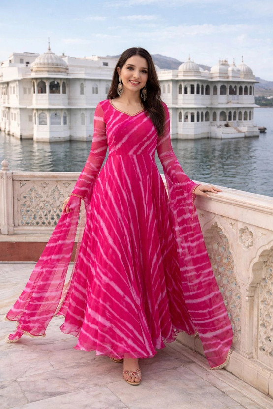 HANUMANTFABRIC HANUMANTFABRIC Women Fit and Flare Pink Maxi/Full Length Dress - Flipkart Deal