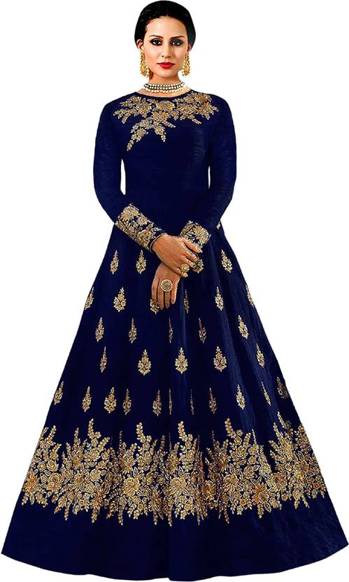 Kedar Fab Embroidered Silk Blend Semi Stitched Anarkali Gown  (Dark Blue)