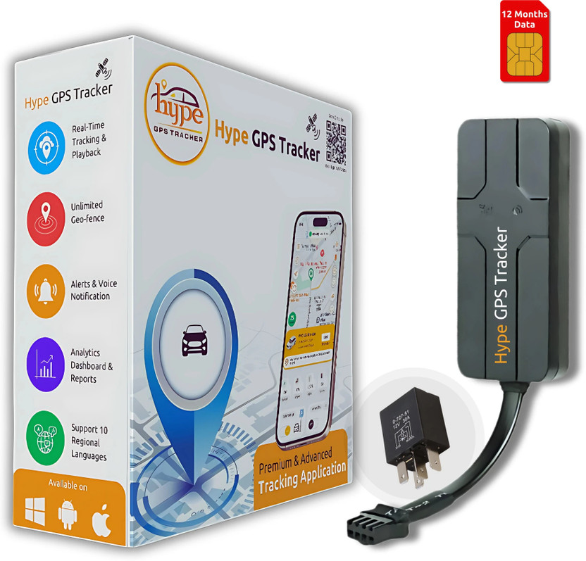 HypeGPSTracker Wired V2 Pro GPS for Car, Bike & all Vehicles |Engine ON/OFF |1 year Sim data GPS Device(4 Maps, Black)